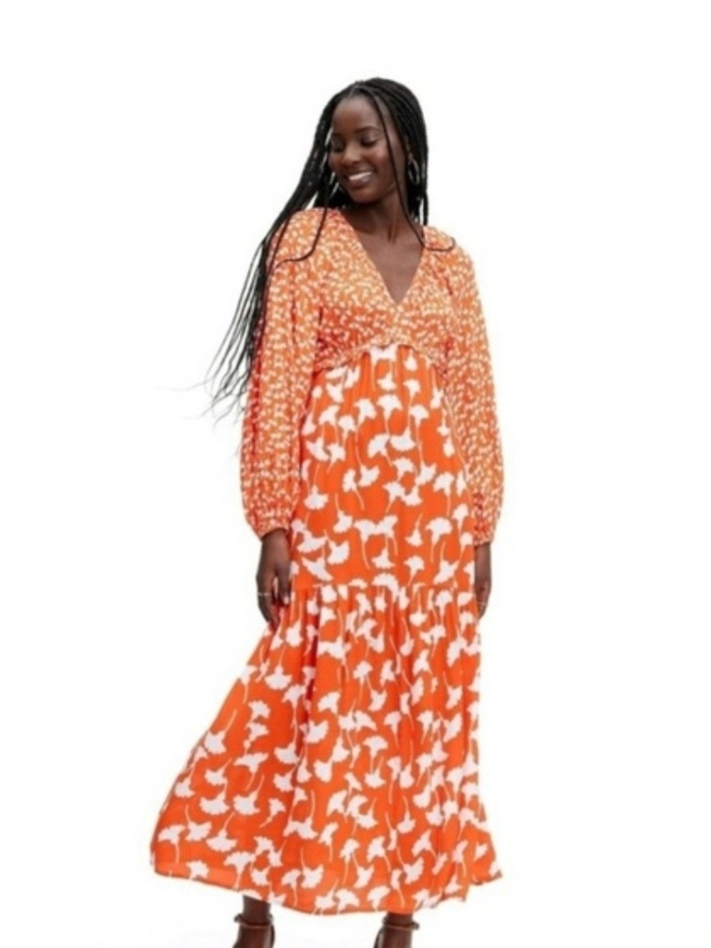 Diane Von Furstenberg Orangish Red and White Floral Maxi Dress